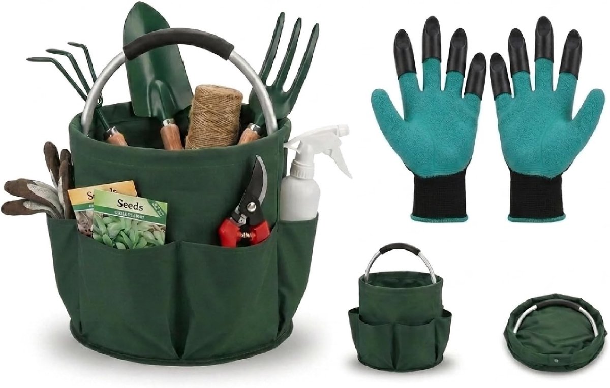 SnelShoppen - 17L Opvouwbare Tuinaccessoiretas met 6 Buitenste Zakjes & Tuinhandschoenen, Waterdichte 600D Oxford Tuinorganizer voor Opslag Thuis, Bal