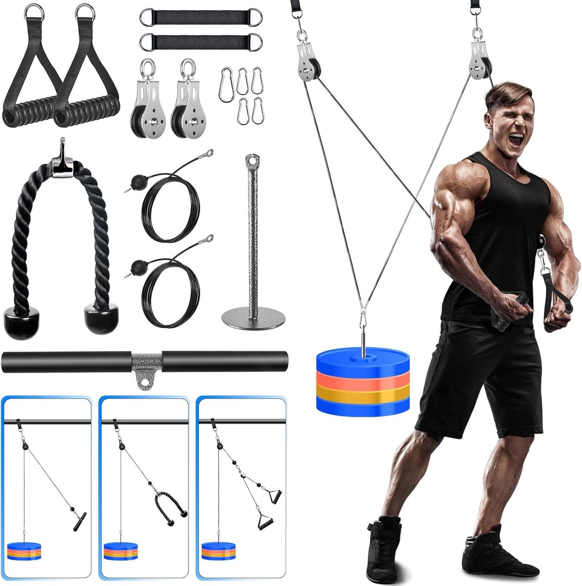 SnelShoppen - Fitness Kabel LAT Pulley Systeem, Thuis Gym Apparatuur voor Biceps, Triceps, Stille Katrollen, Krachtstation Accessoires, Tricep Touw, D