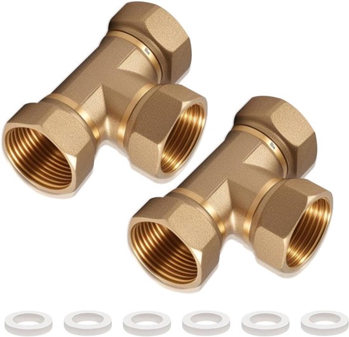 Messing T-stuk met zwenkbuisschroefverbinding voor wateraansluiting - 90°, DN25 - 2,5 cm, 1 inch IGxIG - 3-weg T-verbindingsstuk - airconditioning koppeling.