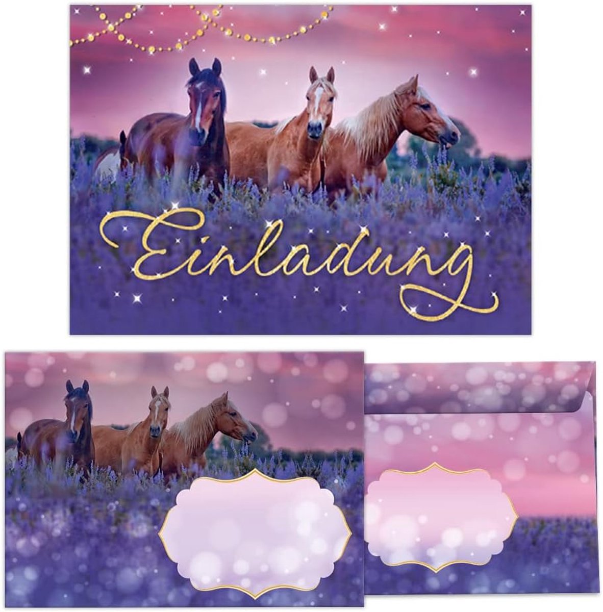 SnelShoppen - 12 uitnodigingskaarten incl. 12 enveloppen voor kinderfeestje, jarige meid, paardenthema, 10.5 x 14.8 cm, zelfklevend, feest, verjaardag