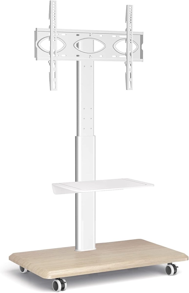 SnelShoppen - TV Wandbeugel met Wielen, +/-30° Draaibaar, Hoogte Verstelbaar voor 26-70 Inch TV, Wit Hout, Met Plank, Max. 35 kg, VESA 400x400 mm