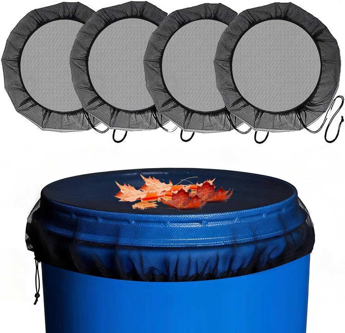 Set van 4 regenwateropvangnetten, hoogwaardige netten voor regentonnen met trekkoord, 80 cm, verstelbare dekking ter bescherming tegen bladeren, vuil, insecten en muggen