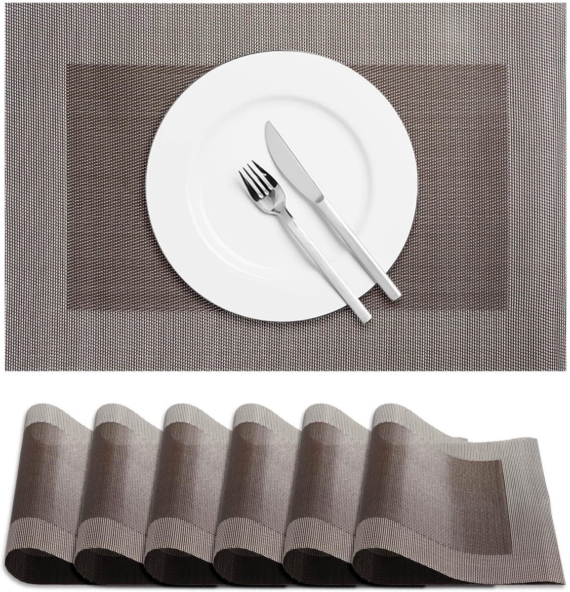 SnelShoppen - Set van 6 Eetkamertafelkleden, Warmtebestendig, 12 x 18 Inch Wasbare Tafelmatten (Donkerbruin) voor Diner, Feest en Dagelijks Gebruik