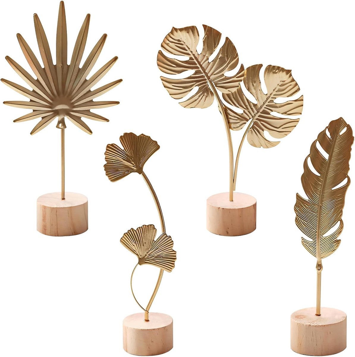 4 stuks gouden bladeren, metalen sculptuurset, 20 cm, ginkgoveer, monstera-decoratie - ShopVlot