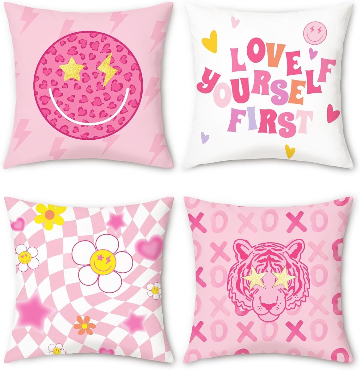 Preppy Throw Pillow Cases, Pink Cute Smiley Face Tiger Plaid Love Yourself Velvet Soft Decorative Pillowcases for Sofa - ShopVlot
