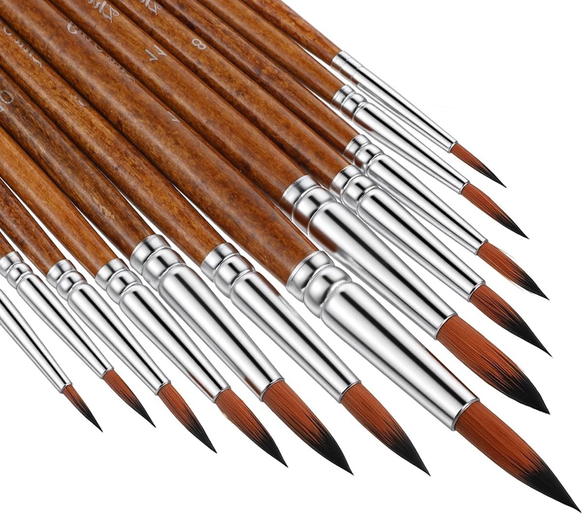 Aquarelpenseel Set - Koffie - 12 Stuks - Professionele Detailpenselen voor Aquarel, Acryl en Olieverf