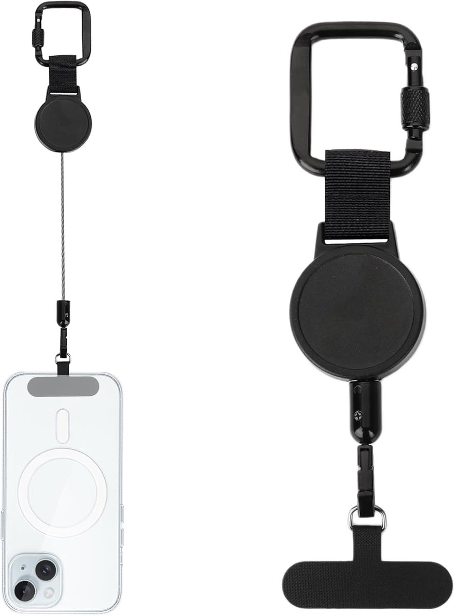 Telefoonbevestiging, intrekbaar, diefstalbeveiliging, met riem van roestvrij staal, valbescherming, met karabijnhaak - ShopVlot