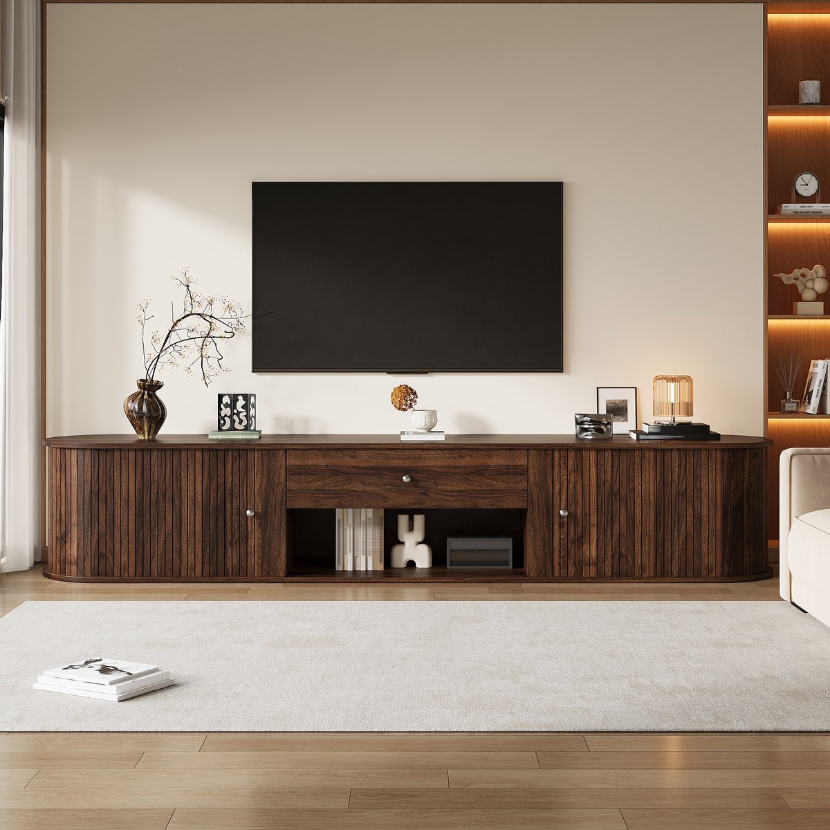 DESMIU TV Meubel - Met Roldeuren En Lade - Retro Design Voor Woonkamer En Eetkamer - Spaanplaat - Walnoot - 180x40x40 Cm