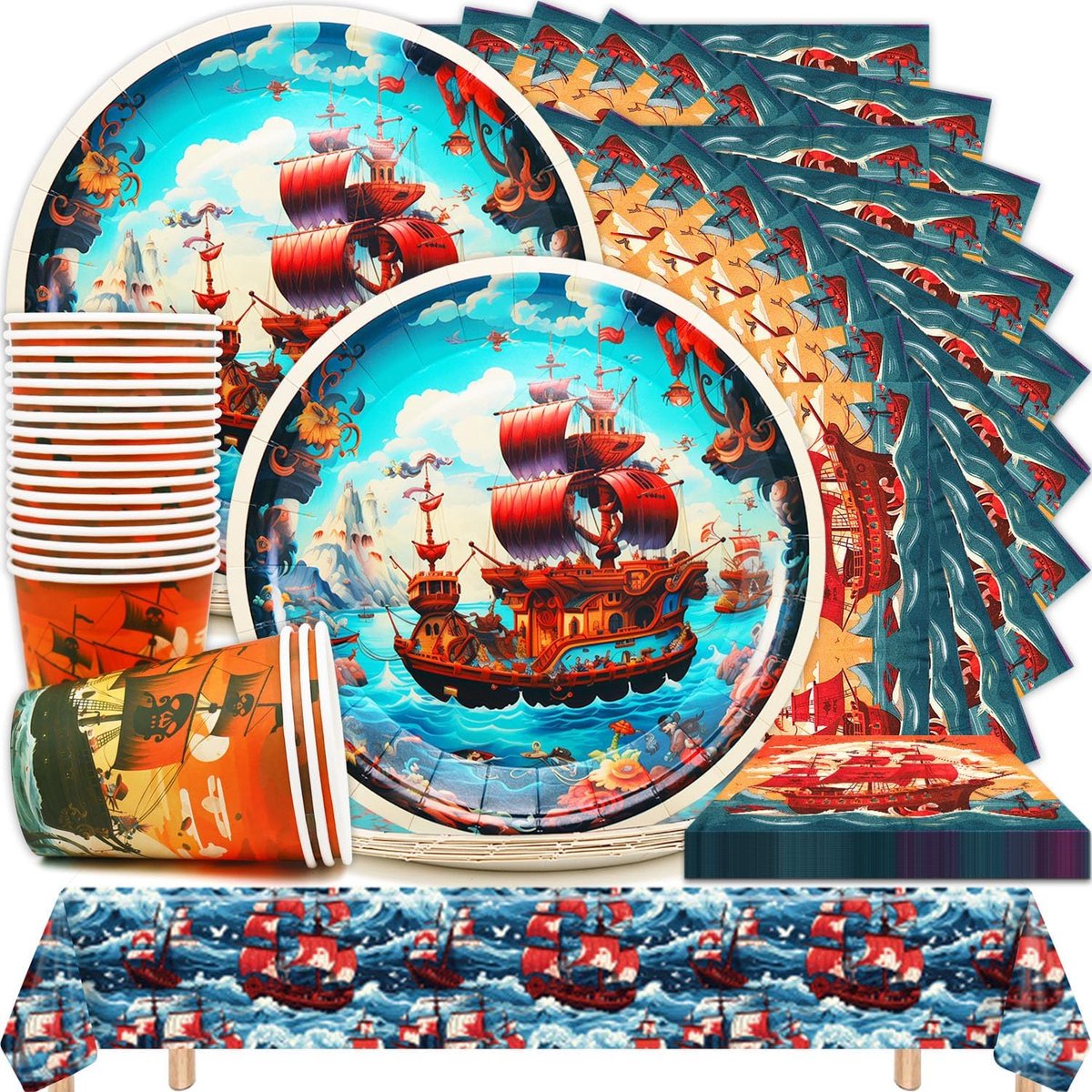 61 Pieces Pirate Party Decoration Tableware, Huaxintoys Happy Birthday Pirate Theme Party Kit Including Plates - ShopVlot