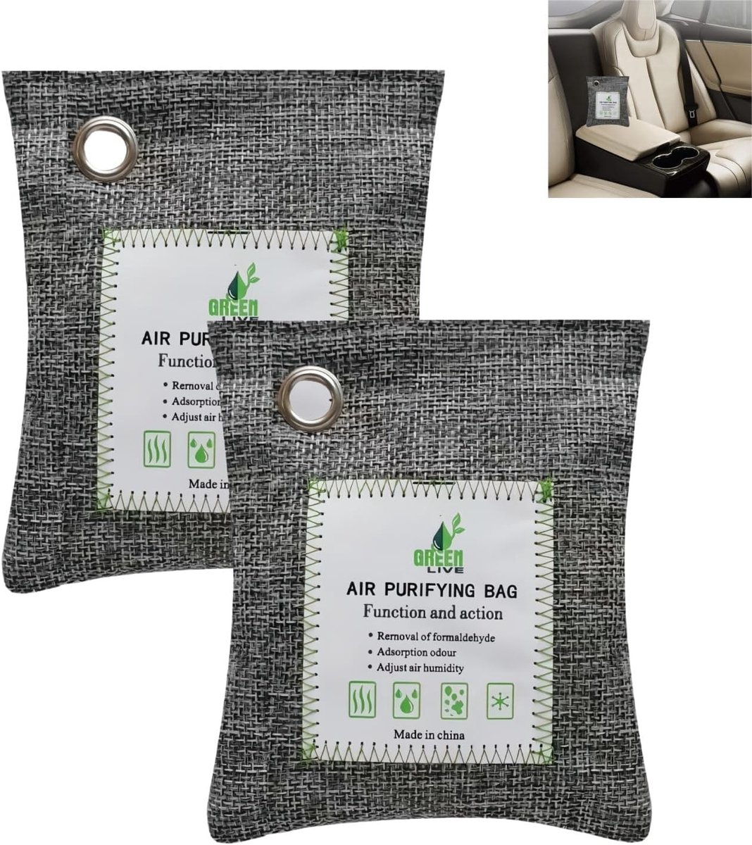 Geactiveerde houtskool geurabsorber - 2 x 100 g bamboe luchtzuiverende zakken voor auto, thuis en schoendeodorant