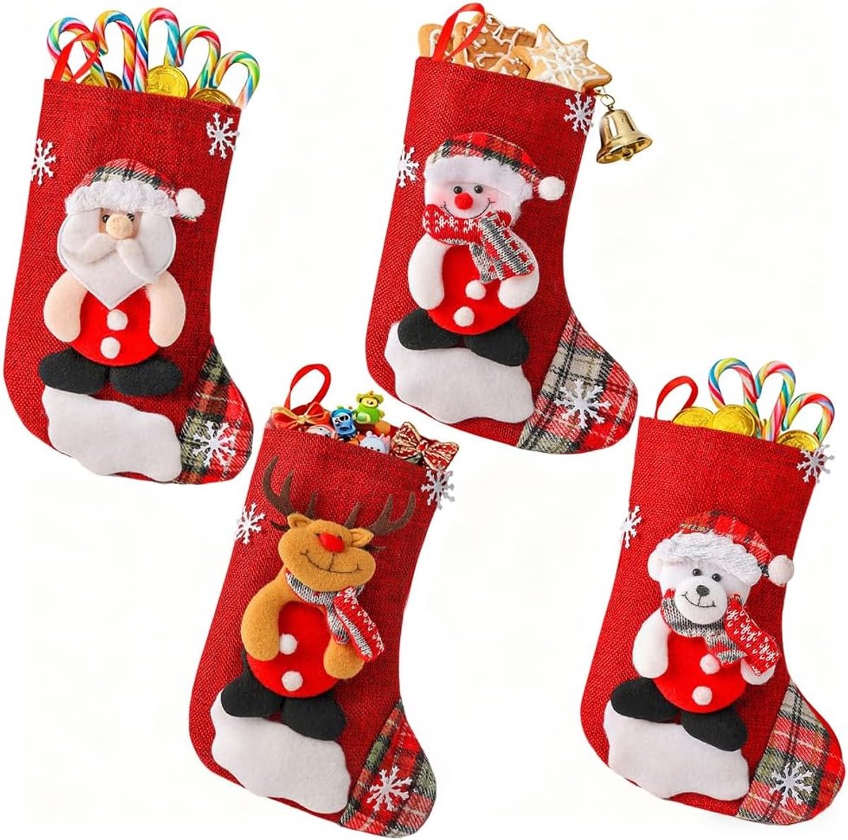 Christmas Stocking Set, 4 Pieces Christmas Stockings Snowman Reindeer 3D Christmas Stocking Socks for Fireplace - ShopVlot