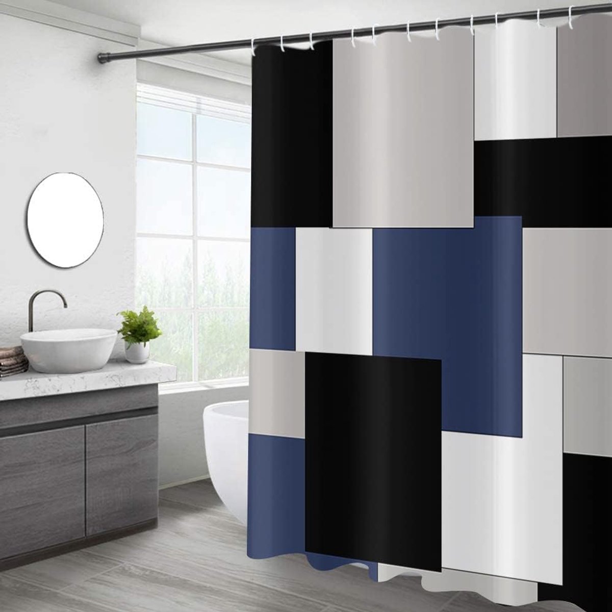 Modern douchegordijn, marineblauw grijs zwart geometrische minimalistische esthetiek badkamer gordijn badkuip - ShopVlot