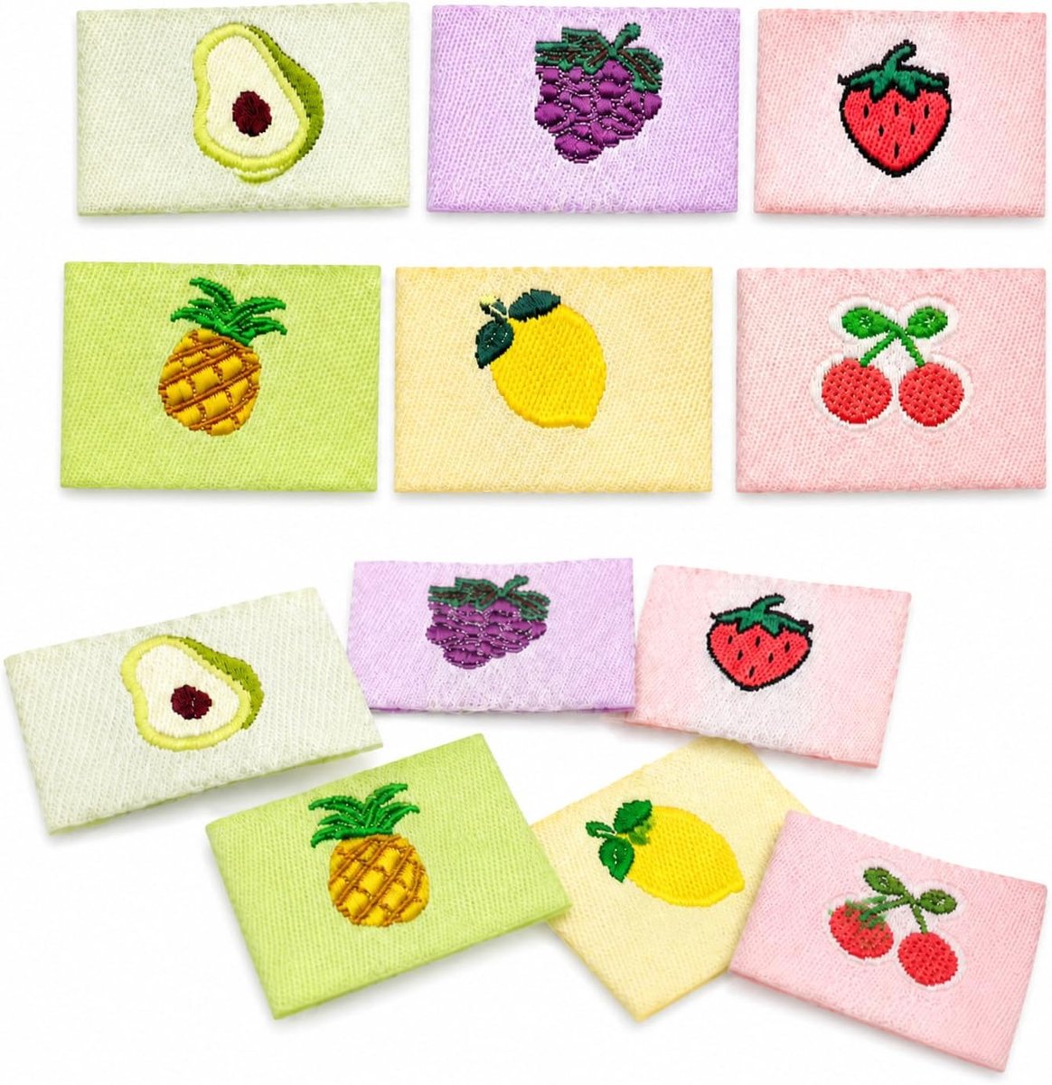 60 stuks kleine stoffen etiketten om op te naaien, 6 verschillende fruitdesigns - ShopVlot