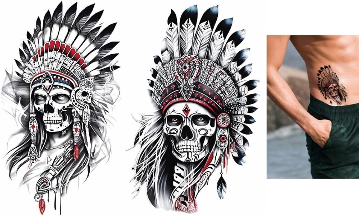 TBS8533 8537 Temporary Indian Tattoo Native American Tattoo Spiritual Tattoo Skull 2pcs - ShopVlot