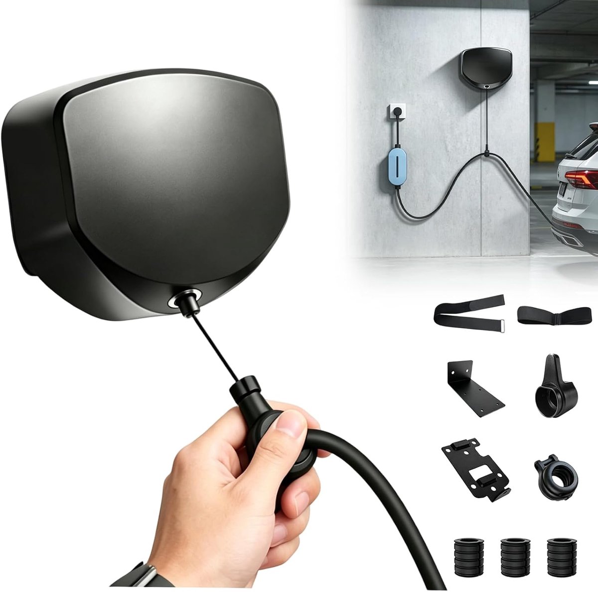 Automatisch intrekbare Wallbox kabelhouder, type 2 type 1 Wallbox kabelhouder met wandhouder voor lange oplaadkabel - ShopVlot