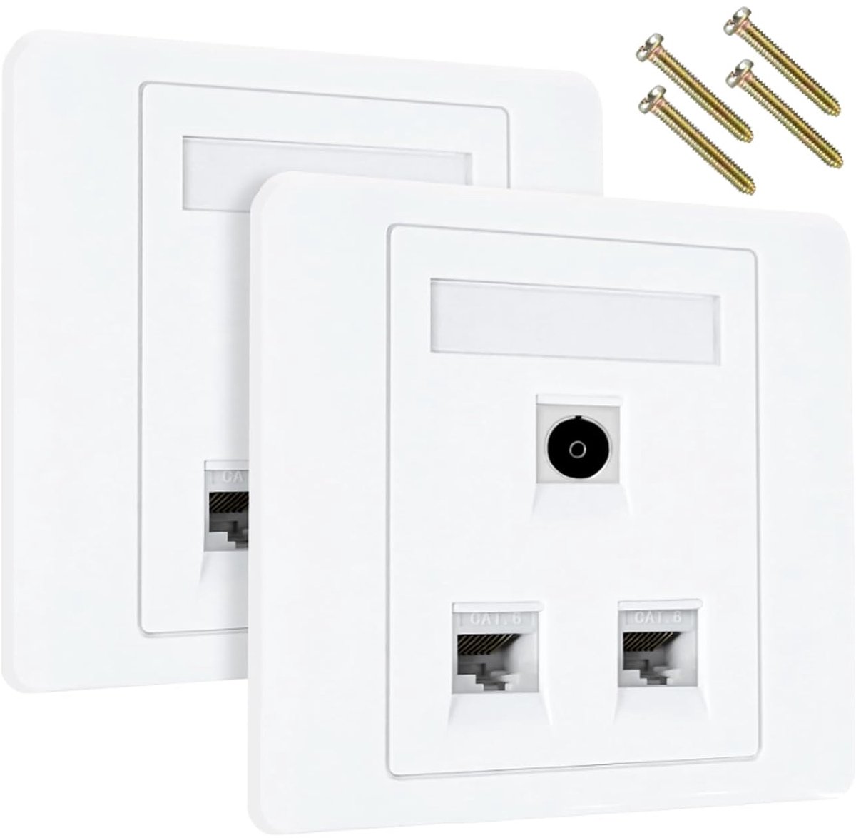 2 sets 3-poorts netwerkstopcontacten wit, 8,5 cm CAT-6 Gigabit netwerkmodule + tv-signaalmodule, 86 type wandplaat - ShopVlot