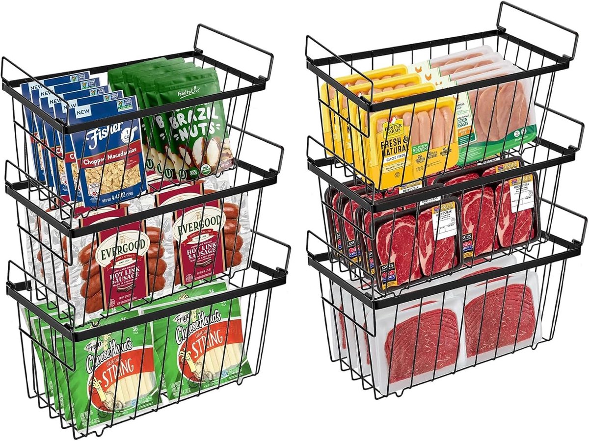 6 Pack Freezer Organizer Baking Chest Freezer Baskets with Foldable Handle Stackable Freezers Storage Bins Easy - ShopVlot