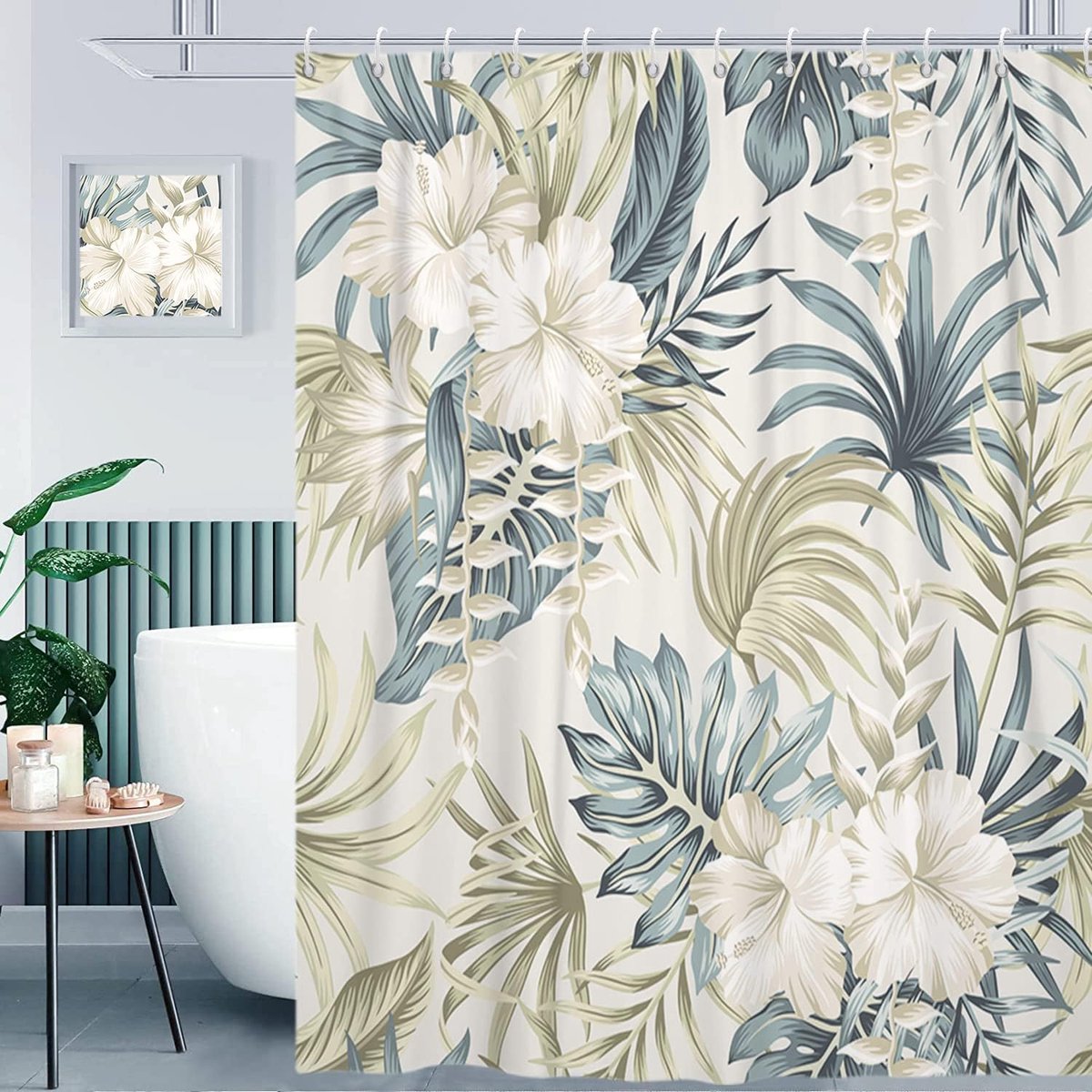 Douchegordijn met tropische planten, saliegroen, botanische palmen, bananenblad, monstera-bladeren, hibiscus, bloemen - ShopVlot