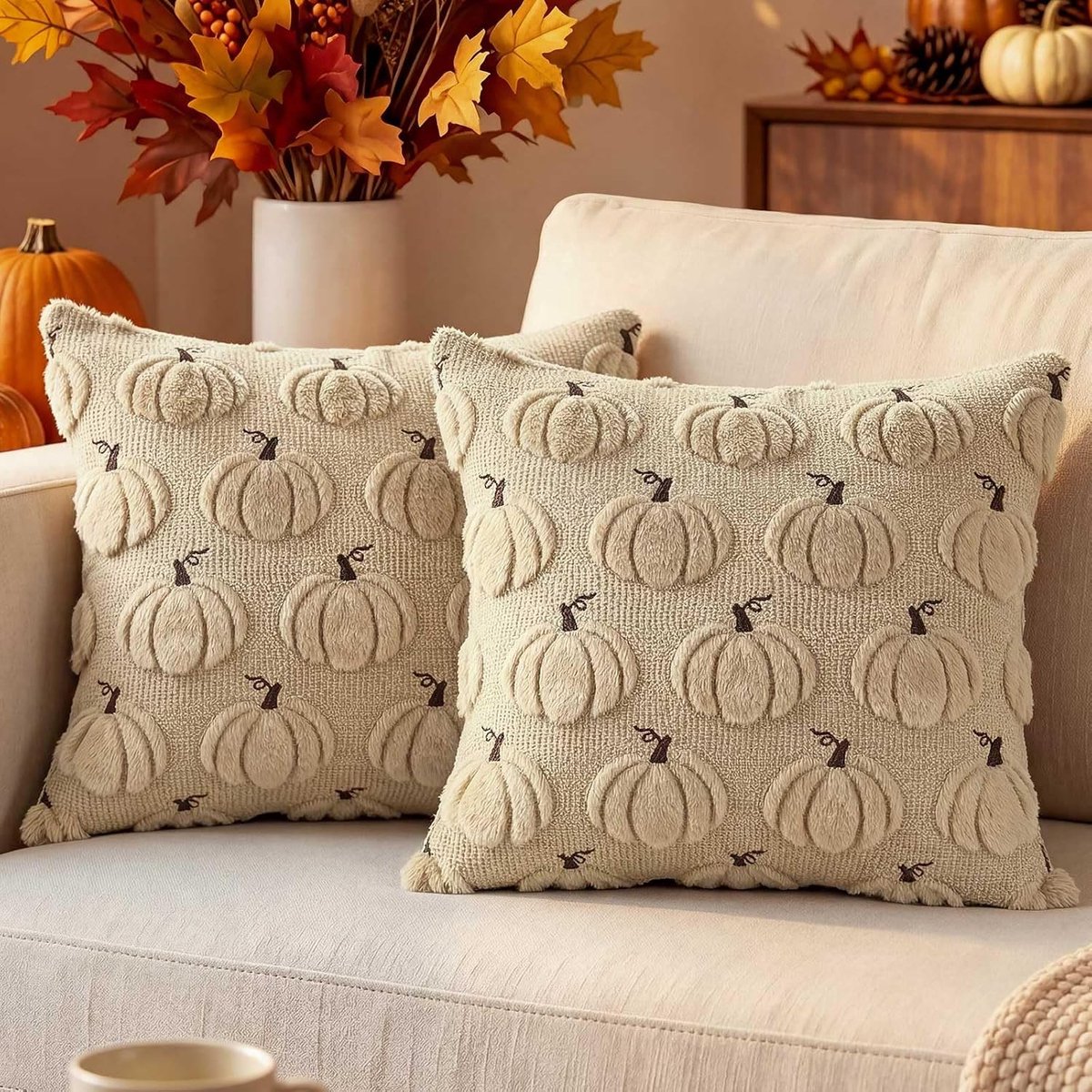 Benjia Set van 2 Herfst Kussenslopen 45 x 45 cm, Pompoen Decoratieve Kussenhoes Zacht Kussenslopen voor Bank Bed - ShopVlot
