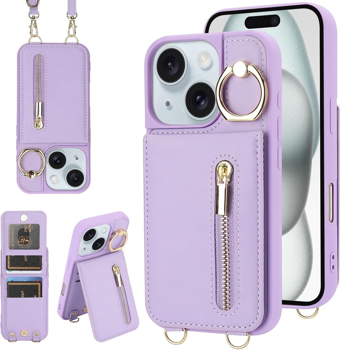 Crossbody portemonneehoesje voor iPhone 11 met sleutelkoord kaartsleuf houder RFID-blokkering 360° ring standaard - ShopVlot