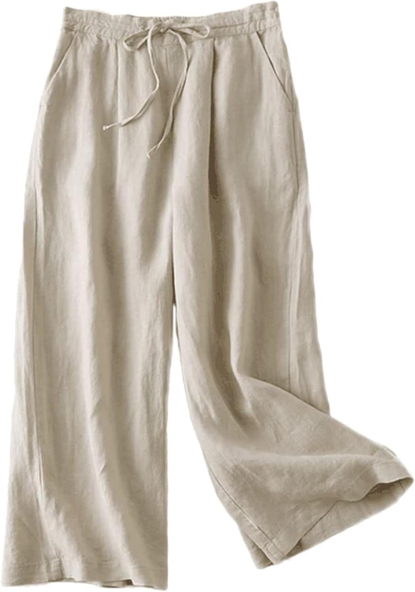 FTCayanz Damen Leinen Culottes Hose Leichte Weitem Bein Sommerhose mit Kordelzug, Beige, XL, beige - ShopVlot