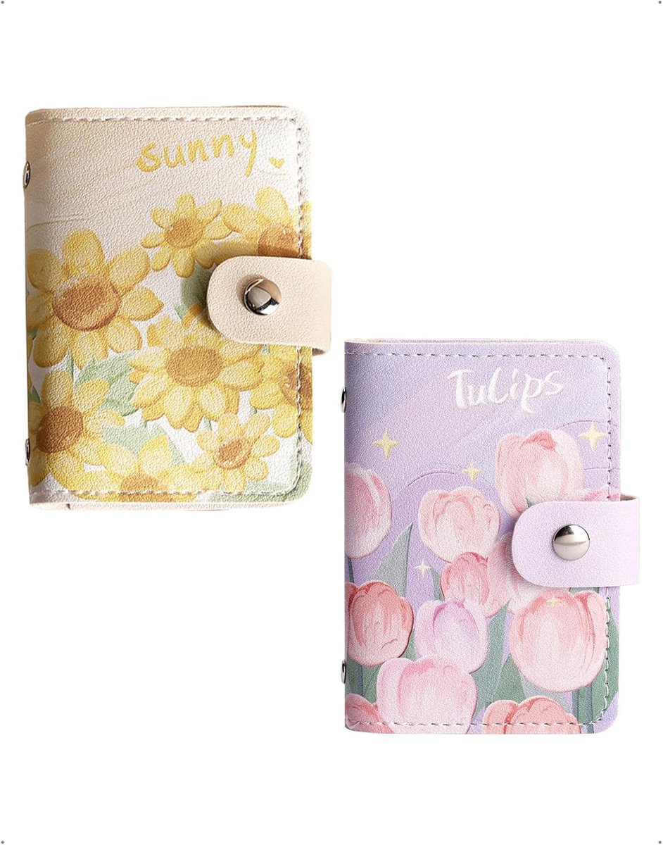 2 stuks damesportemonnee, kleine mini-portemonnee met olieverfbloemenmotief: gele zonnebloem en paarse tulp - ShopVlot