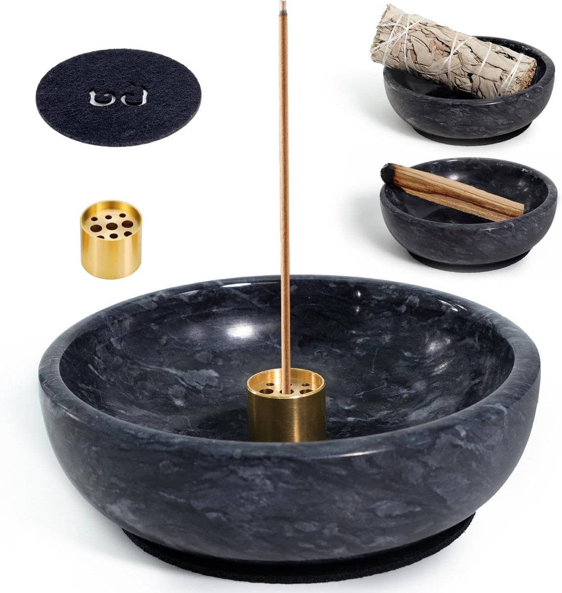 Natural Marble Incense Holder with 9-Hole Brass Holder, 12cm Luxury Marble Incense Bowl and Ash Catcher for Incense - ShopVlot