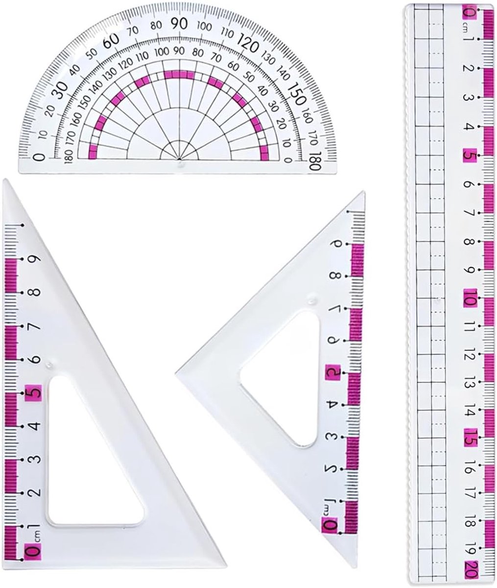 Winkelboogset, 4-delig, transparant, rood, liniaal voor architecten, technisch tekenen, wiskundige geometrie - ShopVlot