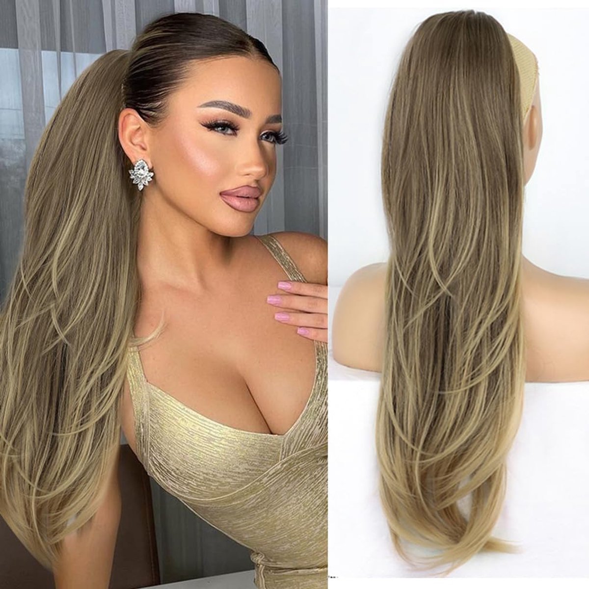 PORSMEER Ponytail Extensions with Drawstring Ombre Brown 26 inch Long Natural Straight Wavy Ends Synthetic Hairpiece - ShopVlot