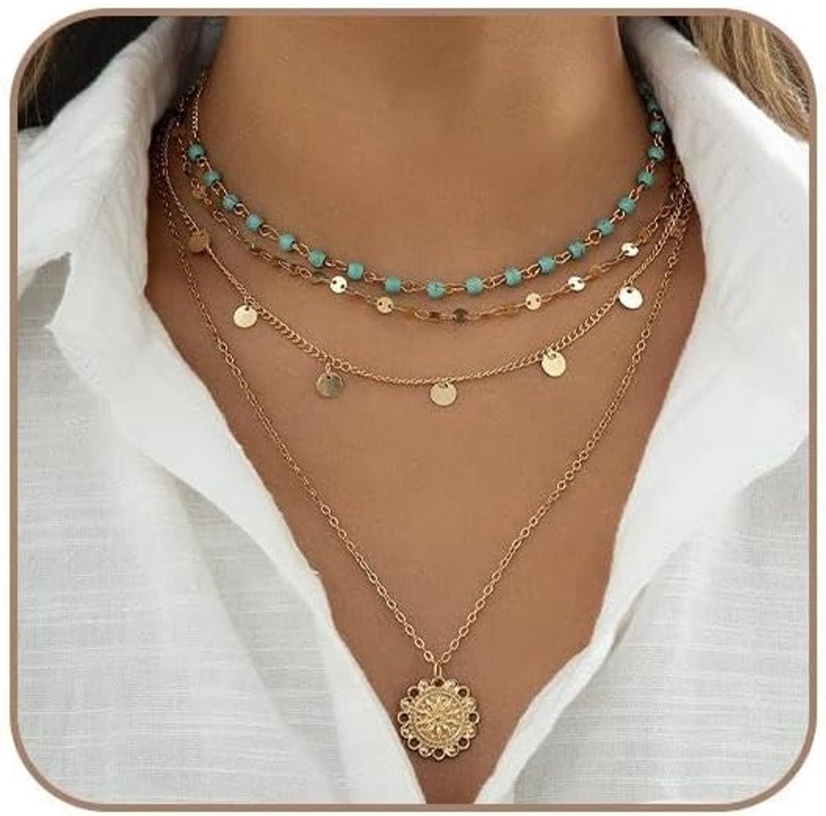 4 stuks halskettingen voor dames, roestvrij staal, verguld, bohemian, verstelbaar, sieraden, trendy, gestapeld voor - ShopVlot