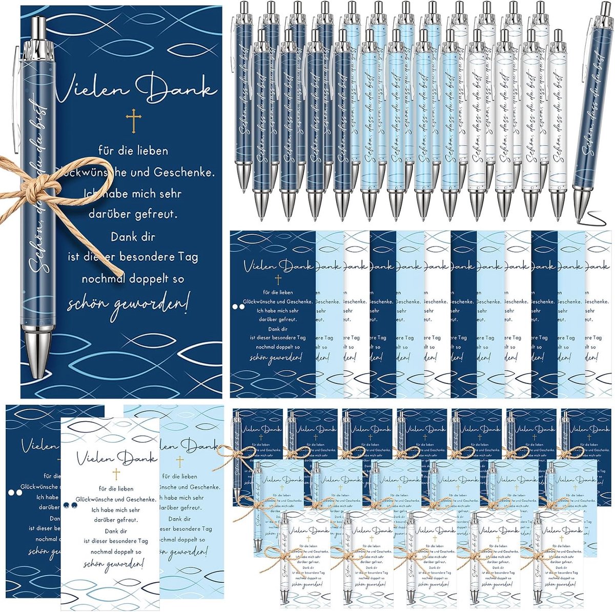 Tenare 24 Set Communie Cadeau 24 Bedankkaarten 24 Pennen Schön Dass du da Bist Vis Motief Gastgeschenken - ShopVlot