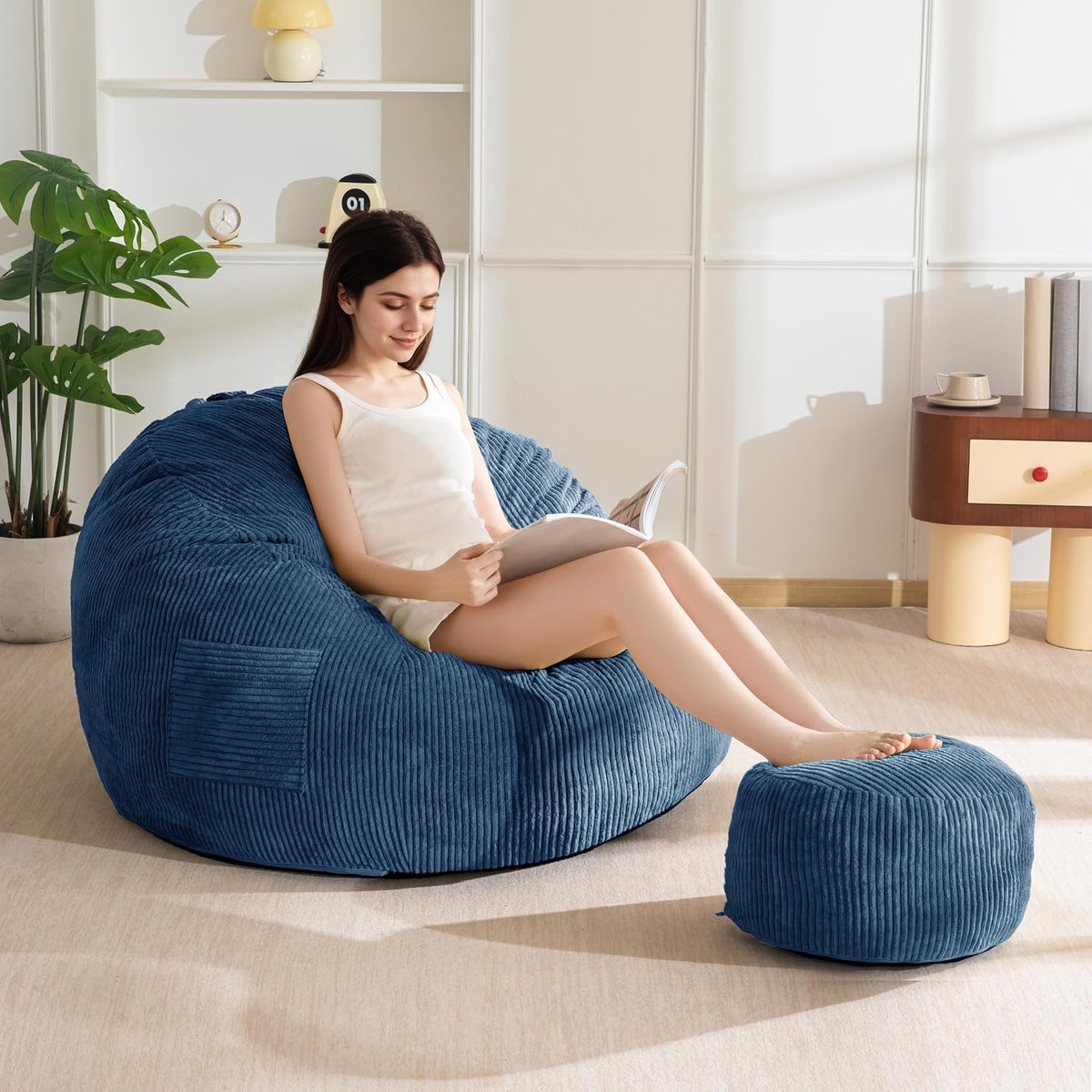 MAXYOYO Corduroy Bean Bag with Footstool for Adults Kids Bean Bag Pouffe with Foam Padding, Lazy Lounge Chair with - ShopVlot