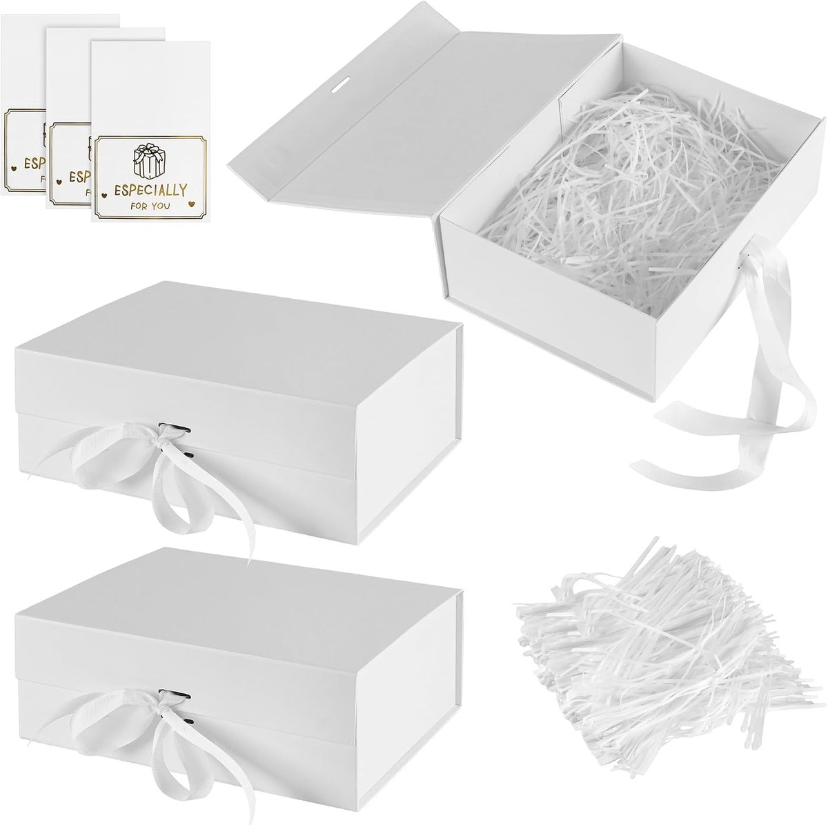 ZEONHEI 3 stuks witte geschenkdoos met deksel, opvouwbare geschenkdoos met strik, wenskaarten en raffia, magnetische - ShopVlot