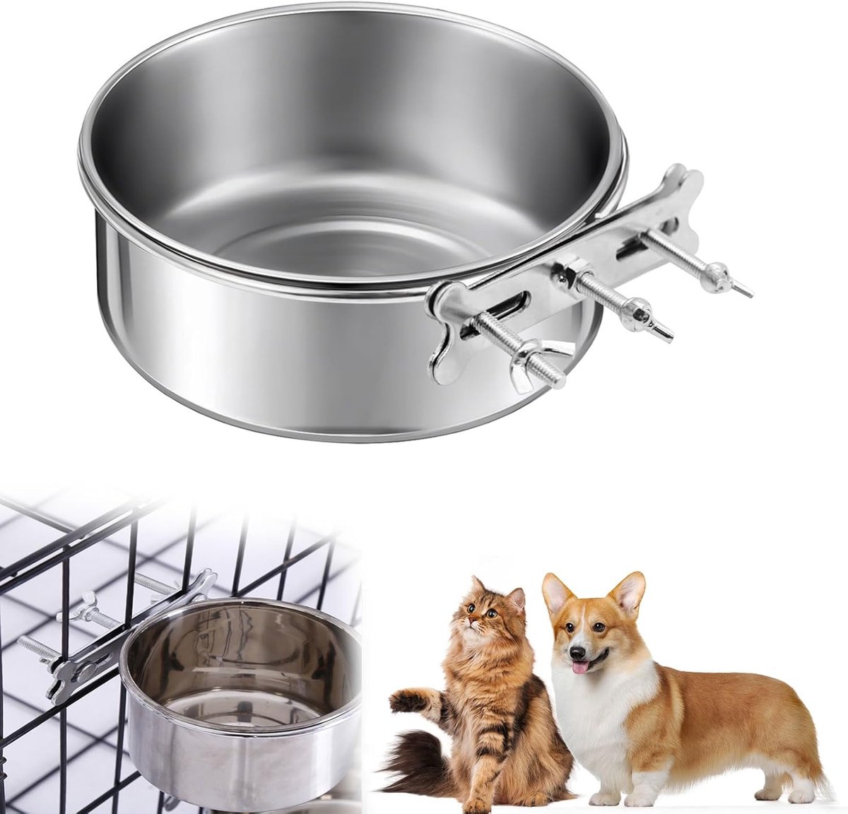 Stainless Steel Dog Bowl Hanging Bowl & Water Bowl - Stable and durable, cage bowl, suitable for dogs and cats (screw - ShopVlot