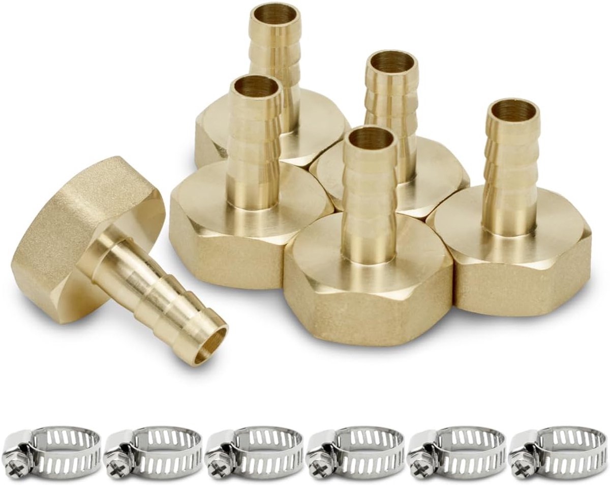 Bwintech 6 Piece Hose Connector Fittings, 3/4" BSP Female x 14mm Barb Connector with 6 Piece Clamps - ShopVlot
