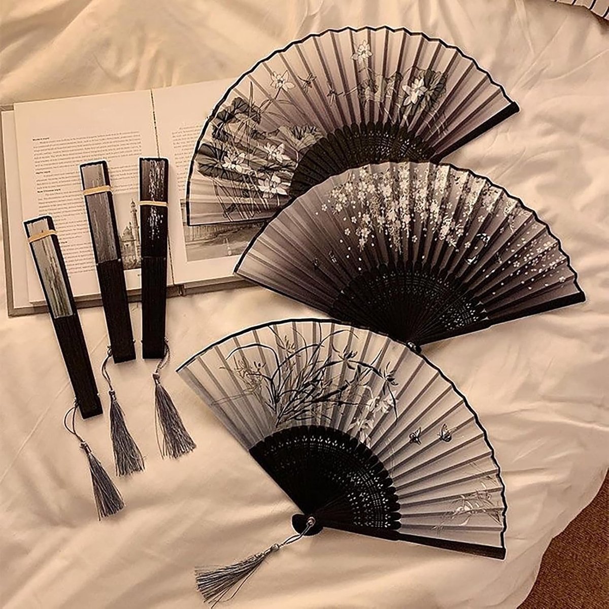 Bikasun 3 Pcs Foldable Fan Bamboo Fan with Tassel Black Fan Summer Fan for Women Hand Fan for Birthday Gifts Dance - ShopVlot