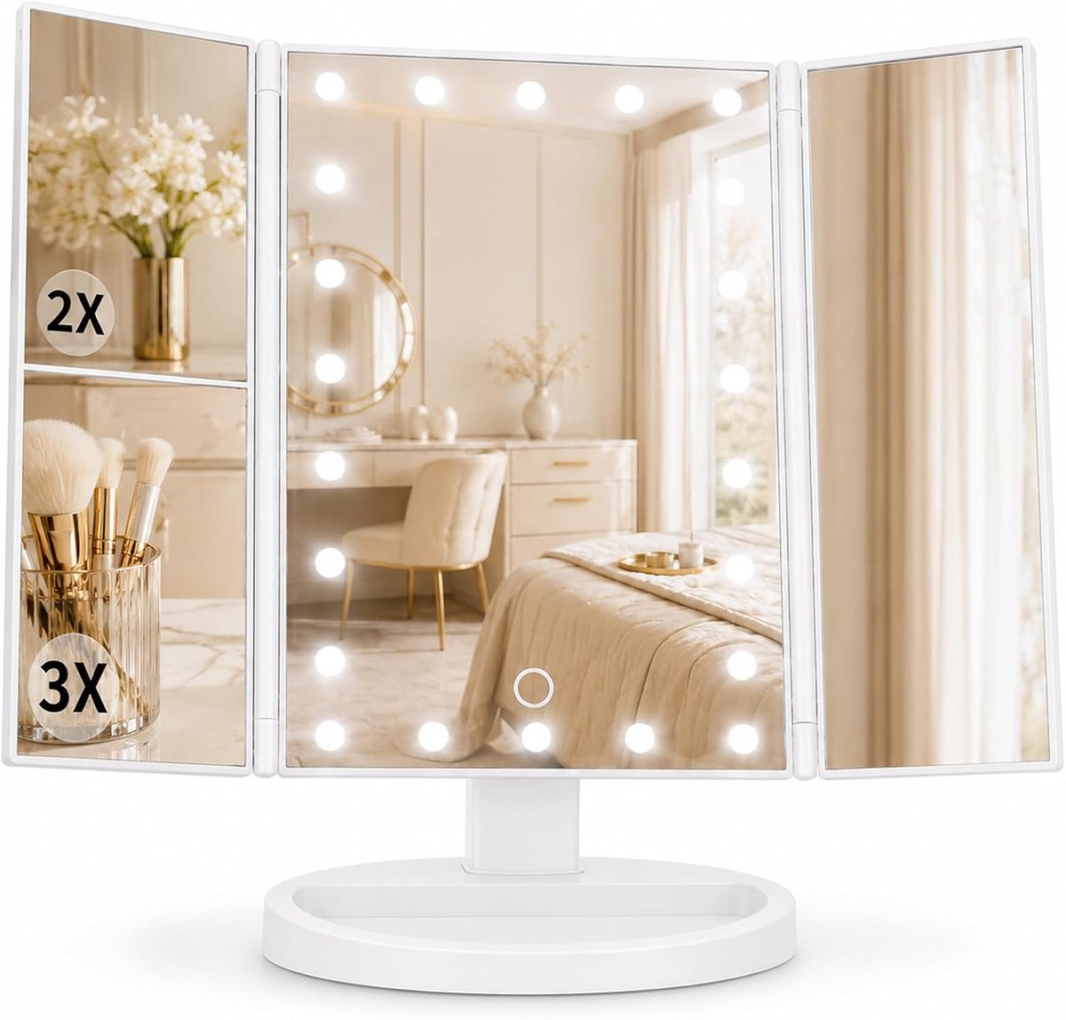 ISEYOU Make-upspiegel met verlichting, make-upspiegel met 1x/2x/3x vergroting, 22 ledlampen en traploos dimbaar - ShopVlot