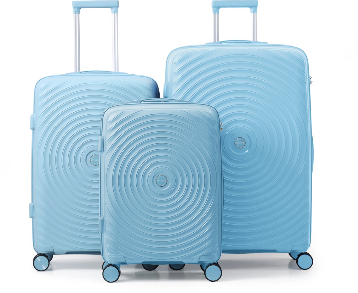 FLY&BYE® Kofferset Core - 3 Delig - S/M/L - Complete Set - 35 Handbagage + 60 en 94L Ruimbagage - Cijferslot - Licht Blauw