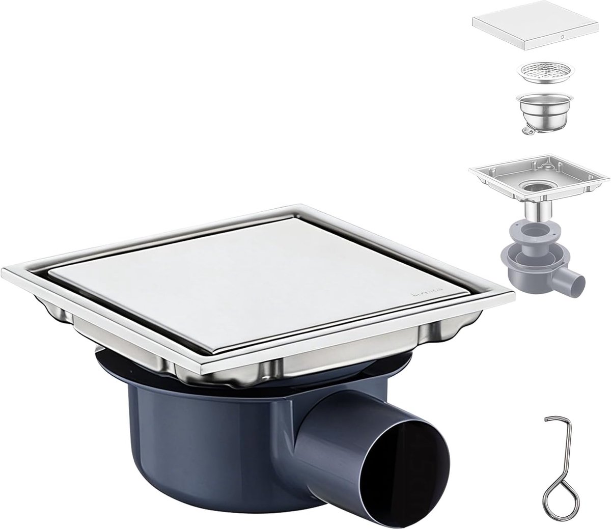 ACESOME Doucheafvoer, vierkant, 15 cm x 15 cm, roestvrij staal, vloerafvoer, douche, haarfilter, 2-in-1 betegelbare - ShopVlot