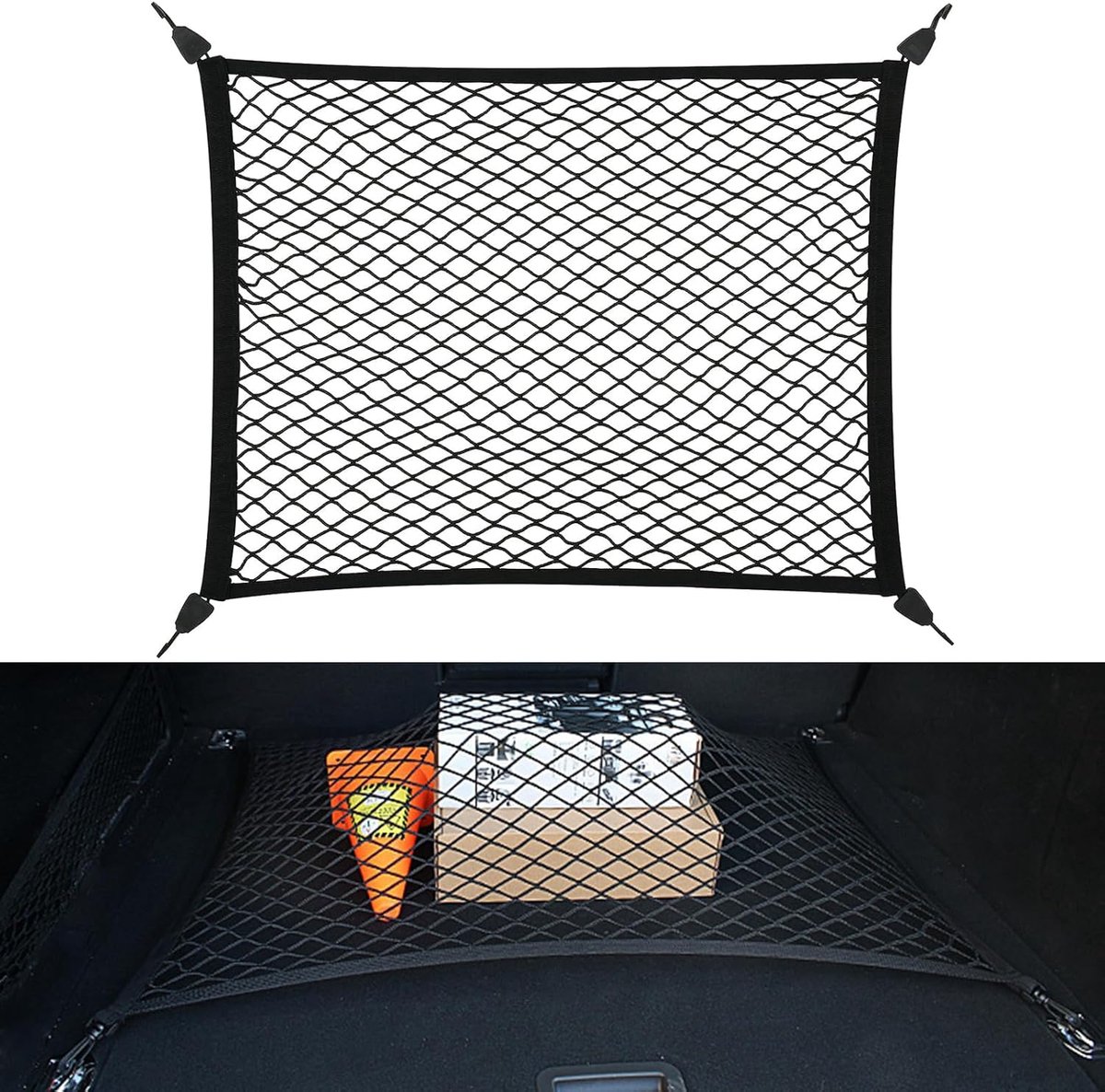 Trunk net, luggage net, car, 80 x 60 cm, extends to 200 x 110 cm, luggage net with 4 hooks, super elastic, universal - ShopVlot