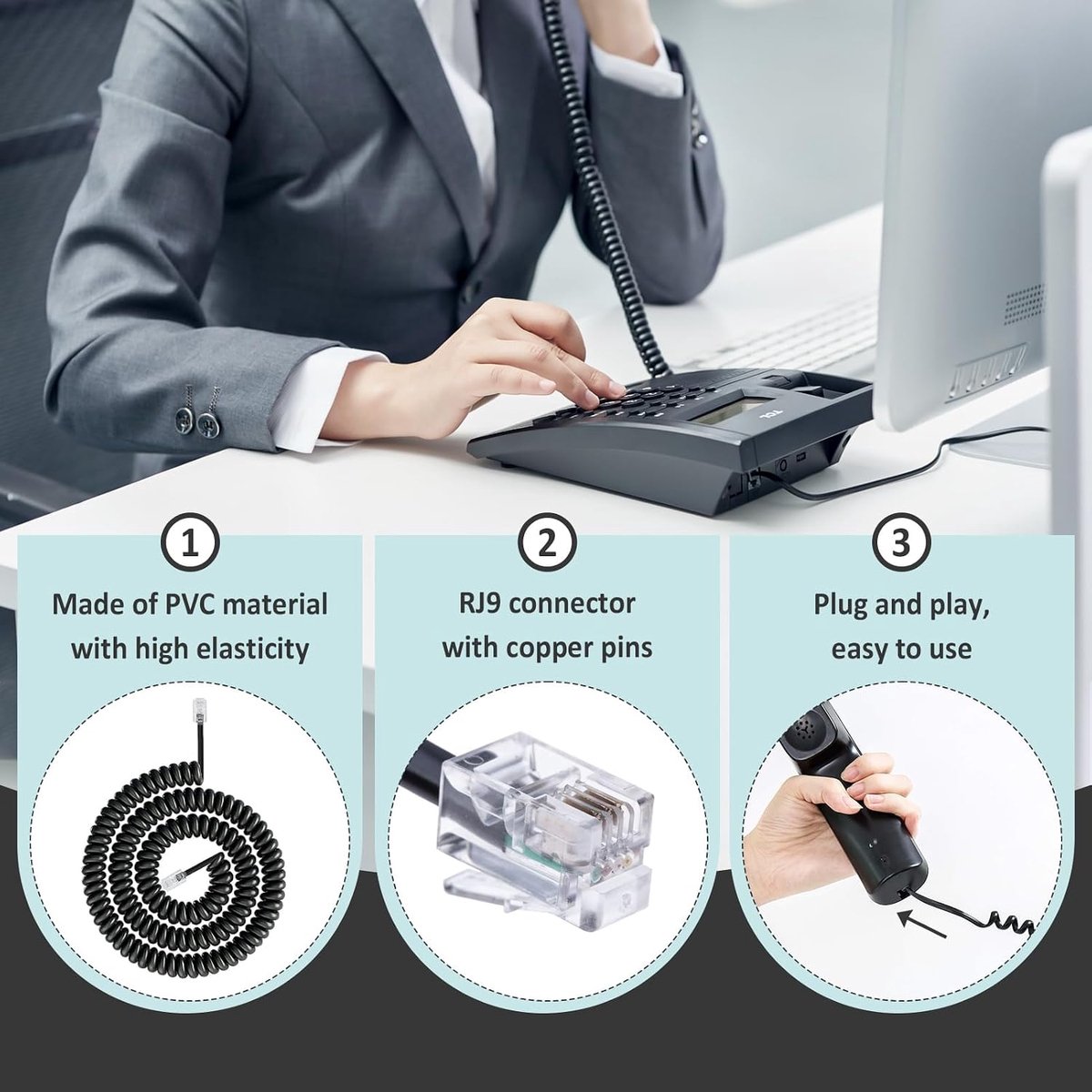 3 Pcs Handset Telephone Cable Fixed Telephone Cable RJ9 4P4C Spiral Binding, Black, 5 Metres, Telephone Cable with - ShopVlot
