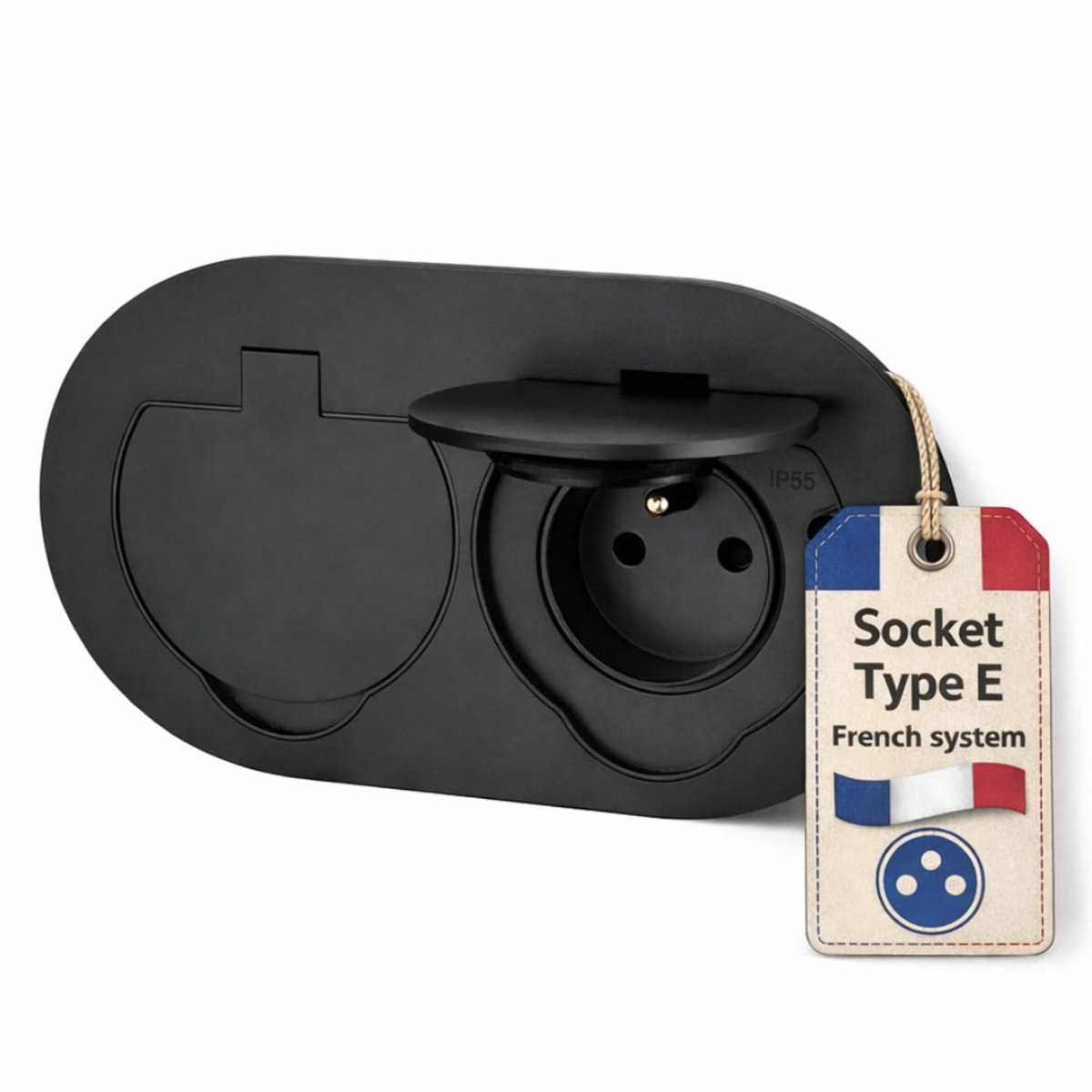 Stainless steel double socket, floor socket IP55, hinged lid, plug terminal, type E, French - ShopVlot