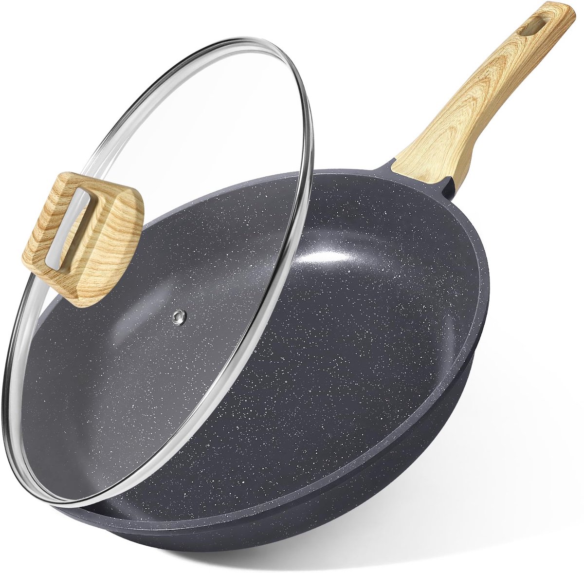 Keramische Antiaanbak Koekenpan 24 cm met Deksel - Omeletpan met Hittebestendige Handgreep - Geschikt voor Alle Kookplaten - Makkelijk te Reinigen Bakpan voor Eieren, Pannenkoeken en Dagelijks Koken - Grijs