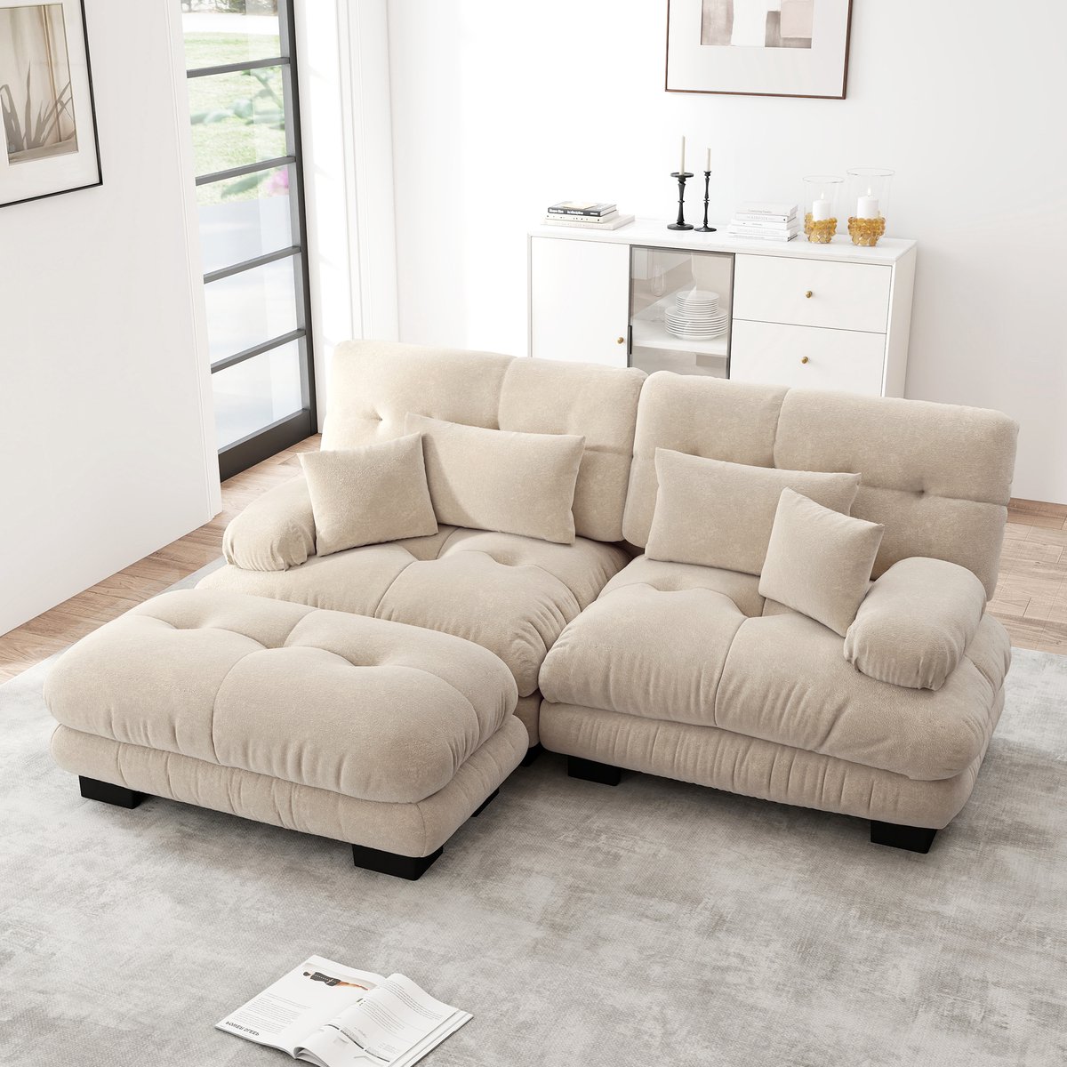 MEUNIQ Modulaire hoekbank 220 x 145 x 81 cm met poefmodule, 2 lendenkussens en 2 sierkussens, chenille, woonkamer, licht koffiebruin Lichtbruin