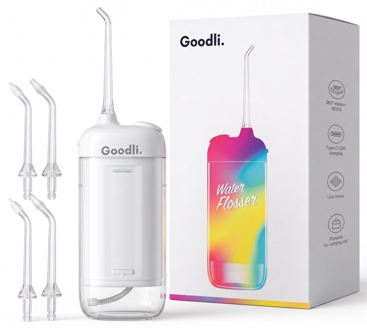 Goodli Elektrische Waterflosser Draadloos - Wit - Monddouche met 4 Standen en 4 Opzetstukken - IPX8