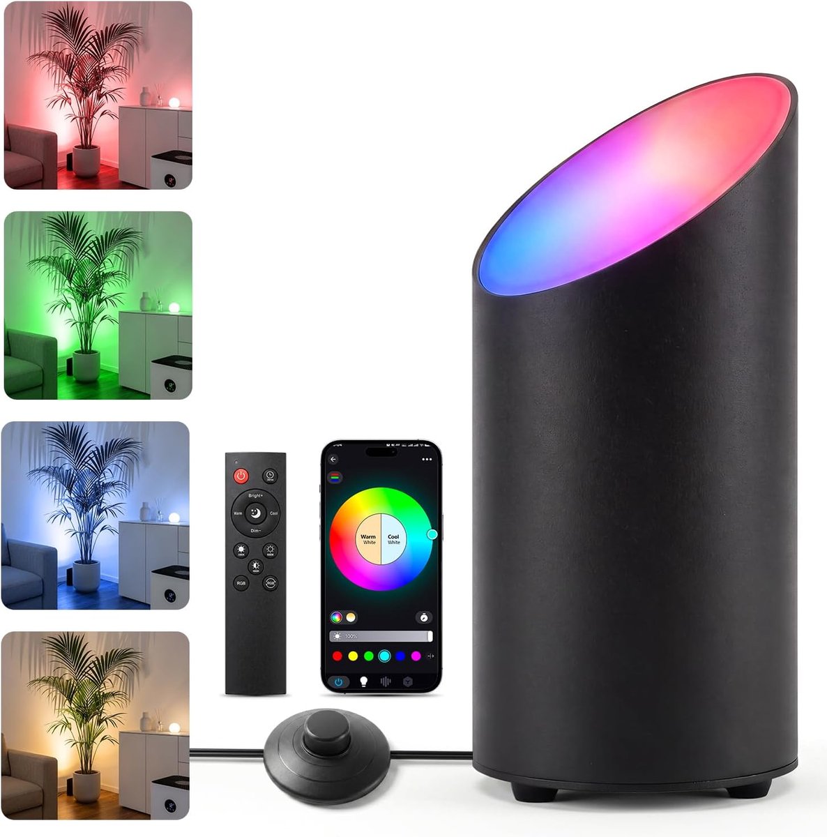 KZQ Smart LED-bodemlamp met voetschakelaar - Dimbare kleurverandering met app en afstandsbediening - Timer en muziekfunctie - IP44 voor binnen en planten - Zwart