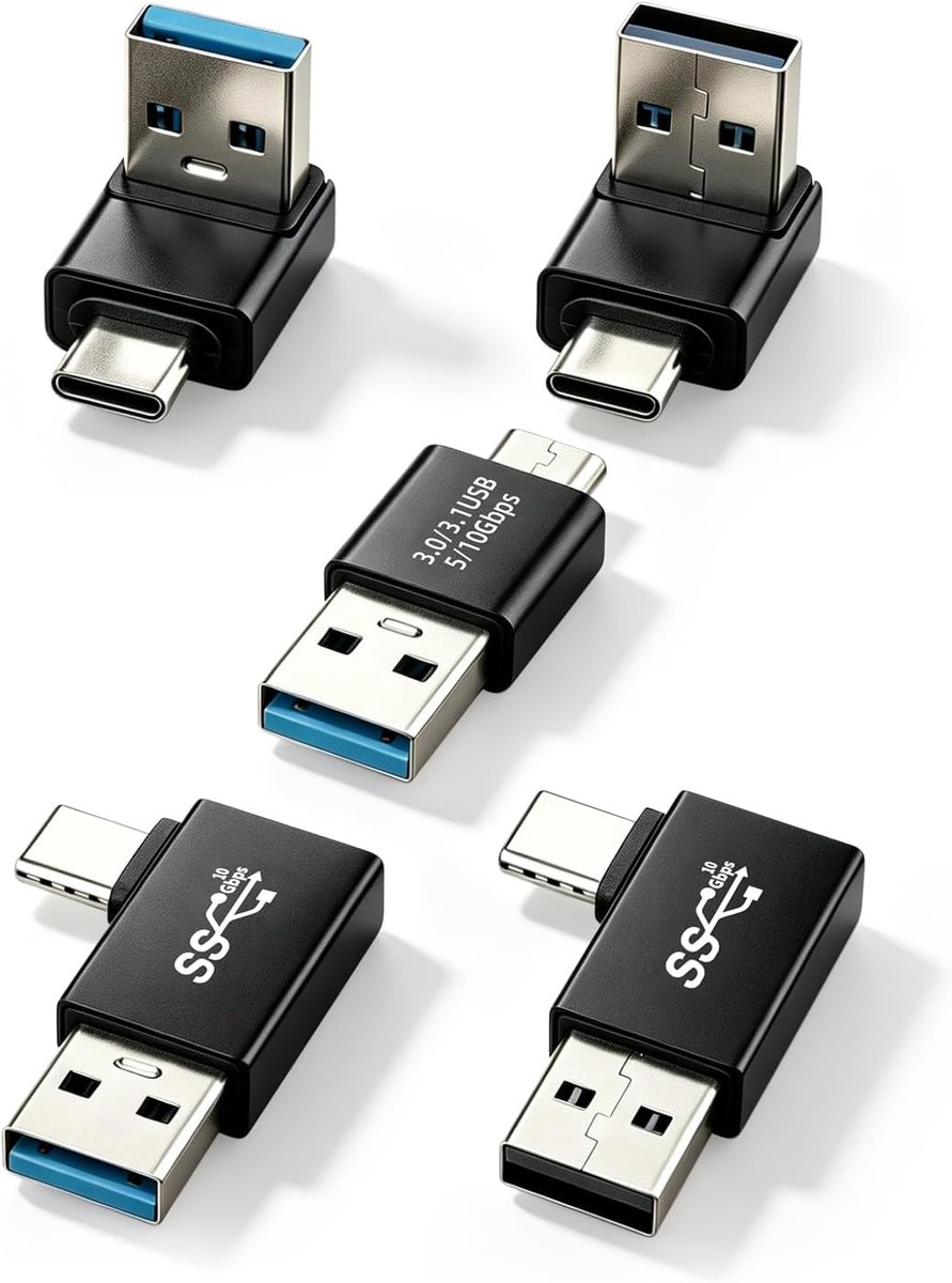 USB A naar USB C Adapter 90° - 10Gbps Rechthoekig - 5 Stuks - Ideaal voor Krappe Ruimtes - ShopVlot