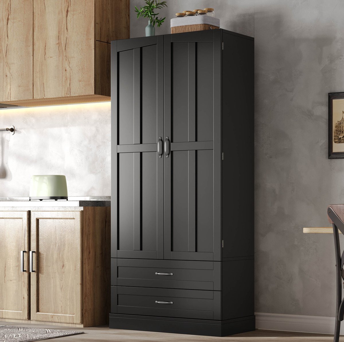 DESMIU Keukenkast Hoogkast Met Drie Uittrekplanken En Twee Laden Voor Keuken Eetkamer En Woonkamer MDF Zwart 80x37 5x180 Cm