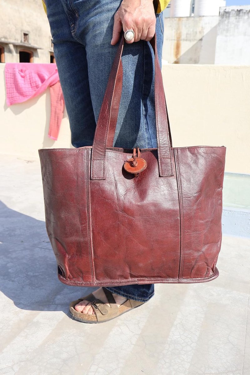 Tote bag groot - vintage volnerf leer - handgemaakt - perfect voor boodschappen - ShopVlot
