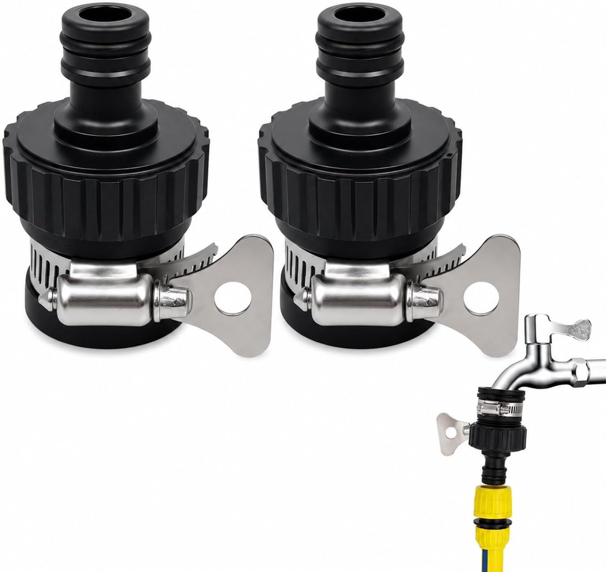 Hose connector set van 2 - hoogwaardige RVS - met rubberen handgreep - ideaal voor wateraansluiting camper - ShopVlot